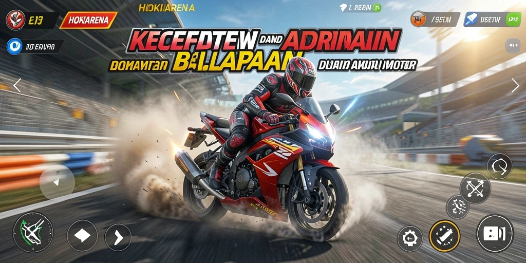 Screenshot HOKIARENA menampilkan balapan motor yang mendebarkan di lintasan.