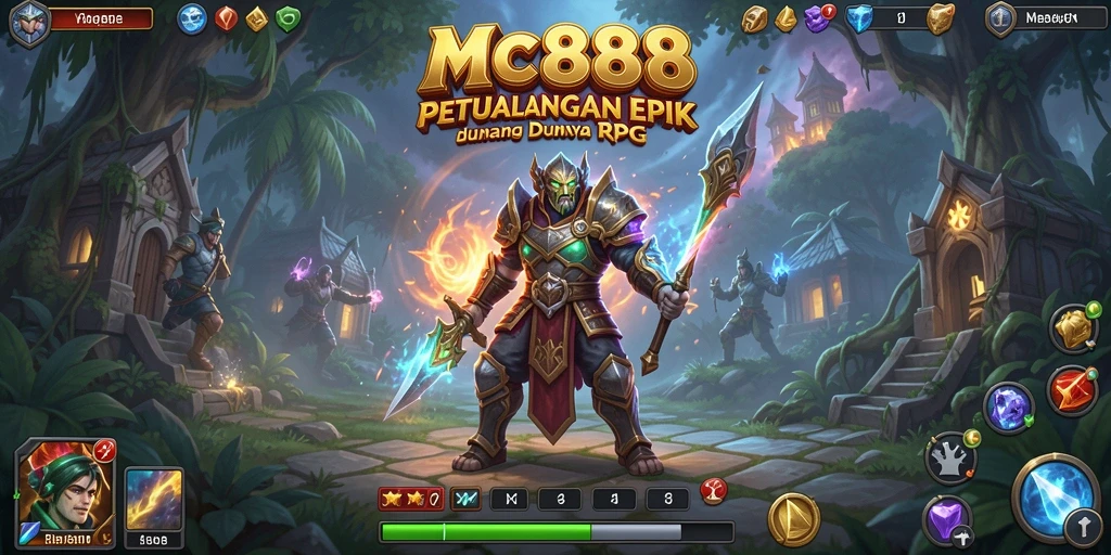 Screenshot MC888 menampilkan karakter dan pertarungan epik dalam RPG.