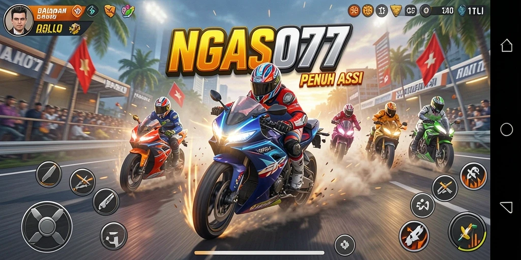 Tampilan gameplay NGASO77 menampilkan aksi balapan motor yang mendebarkan.