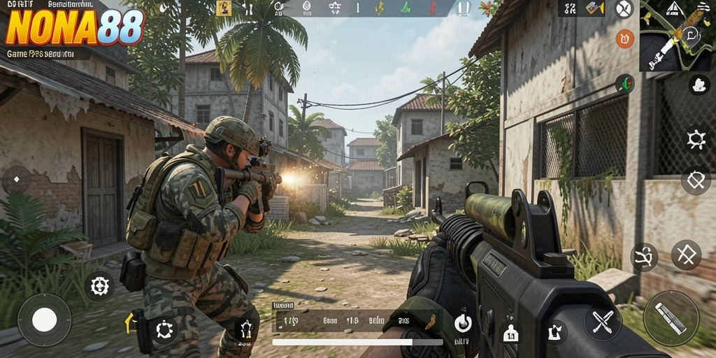 Screenshot NONA88 menampilkan aksi seru dalam pertempuran FPS.