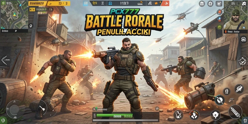 Screenshot gameplay PCX777 menunjukkan pertempuran intens di arena luas.